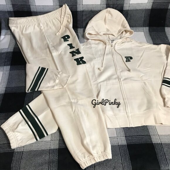 VS PINK SWEATPANTS OUTFIT & FULL ZIP IN WHITE SHELL & DARK FOREST GREEN L XL XXL - Picture 2 of 11